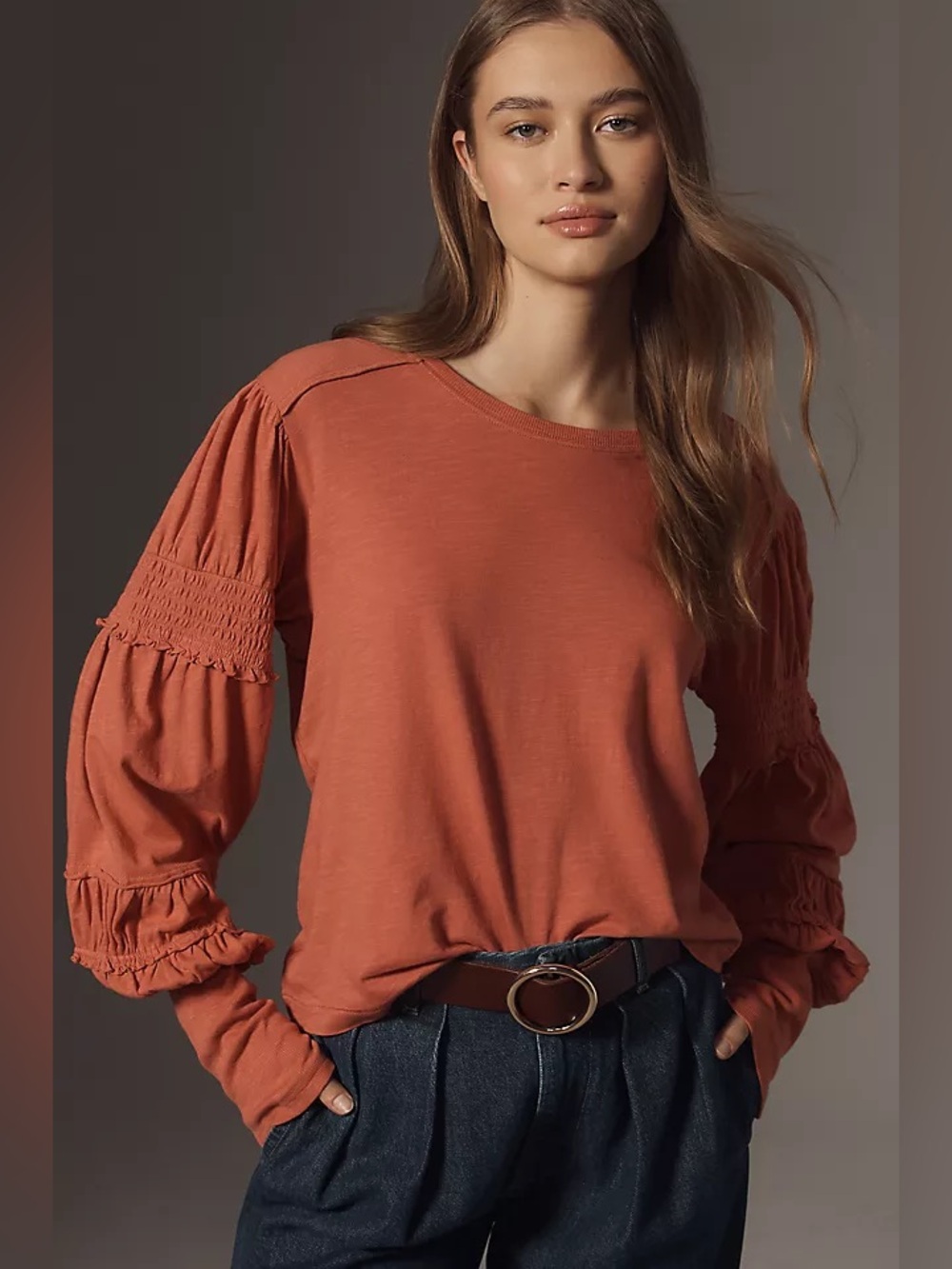 Pilcro Anthropologie Crew-Neck Ruched Smocked Rust Puff top tuckernuck cotton L